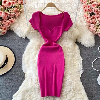 Đầm cổ V body, đầm cổ tim tay ngắn chất thun gân tay cổ tim chữ V ZM zm
