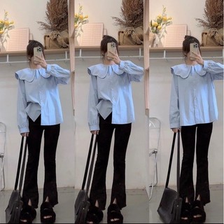 Áo sơ thô mi dài tay cổ bèo tay phồng tiểu thư siêu xinh