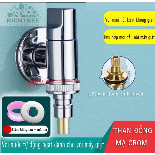 Van Cấp Nước máy Giặt Richtree An toàn tự ngắt, Ren vào 21, lõi đồng tự ngắt nước, tiết kiệm diện tích