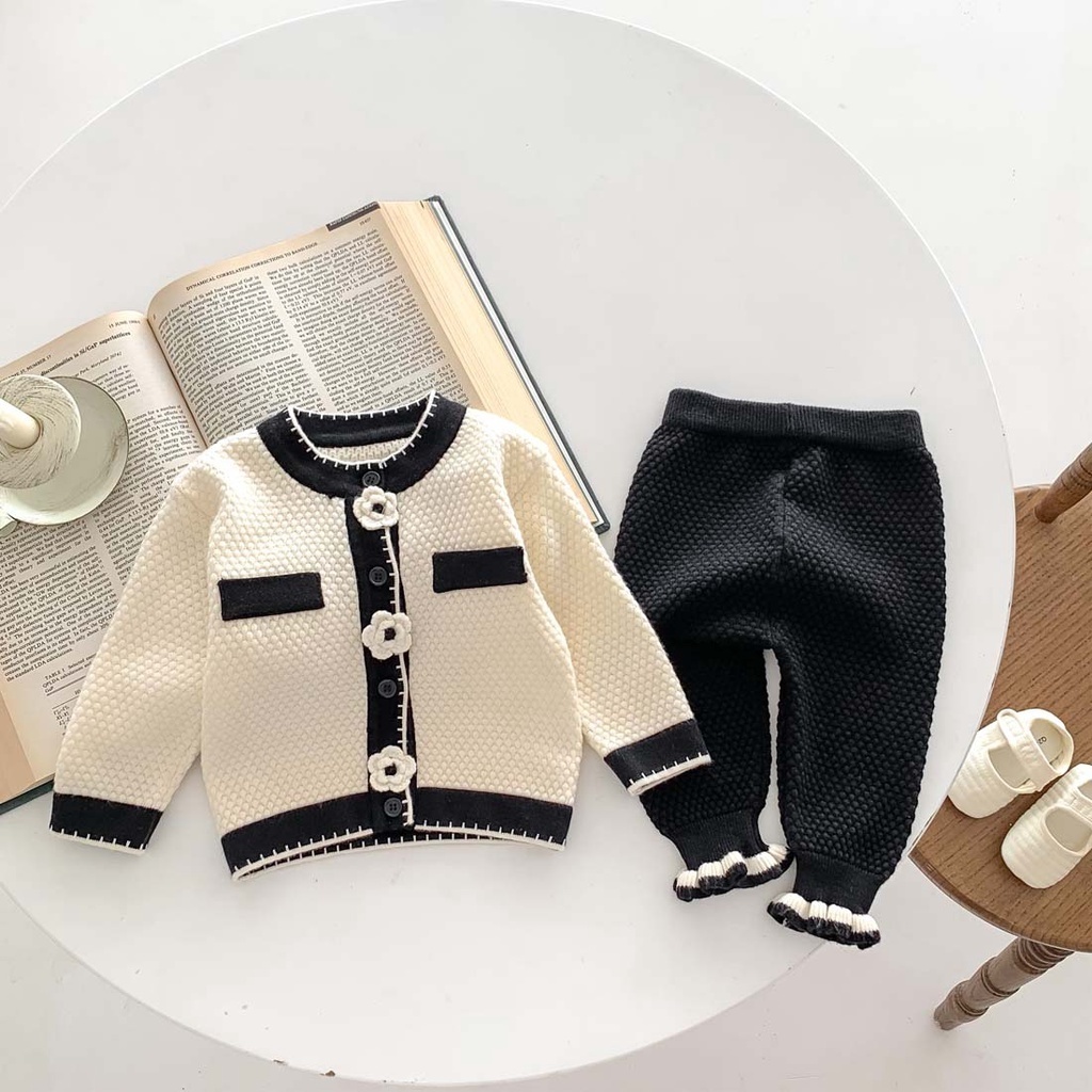 Bộ quần áo len cho bé gái HK KIDS, bộ len dài tay Quảng Châu chất len mềm mịn đanh lì size cho bé 0-3 tuổi