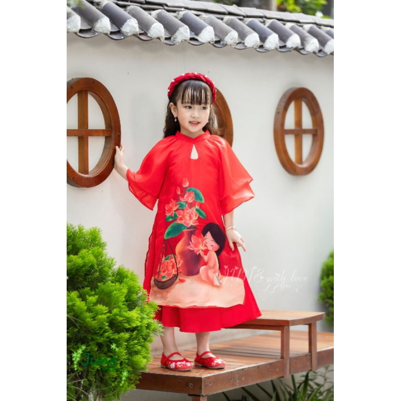 ÁO DÀI TẾT CÔ TẤM BÊN HOA SEN VOAN TƠ PHỐI LỤA MỀM BÉ GÁI HAIVANCO 10 đến 40 kg mềm mại và thoáng mát hoa văn độc đáo