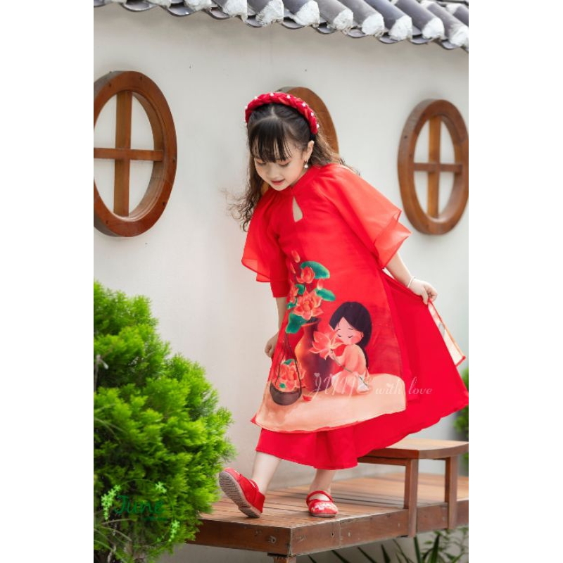 ÁO DÀI TẾT CÔ TẤM BÊN HOA SEN VOAN TƠ PHỐI LỤA MỀM BÉ GÁI HAIVANCO 10 đến 40 kg mềm mại và thoáng mát hoa văn độc đáo