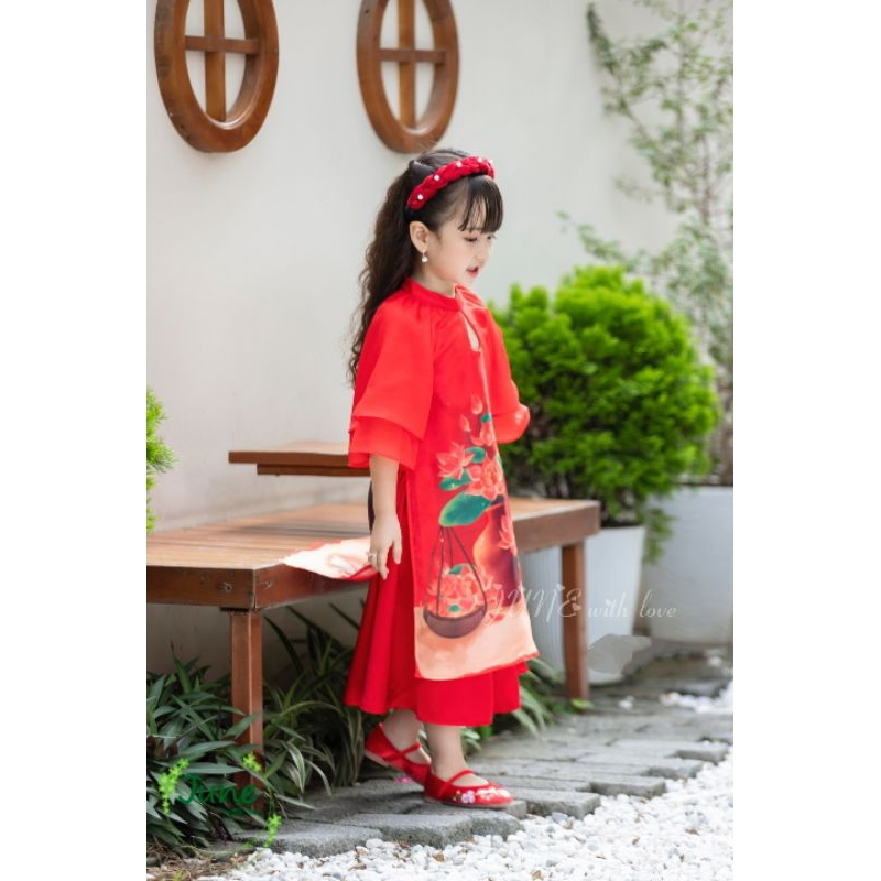 ÁO DÀI TẾT CÔ TẤM BÊN HOA SEN VOAN TƠ PHỐI LỤA MỀM BÉ GÁI HAIVANCO 10 đến 40 kg mềm mại và thoáng mát hoa văn độc đáo