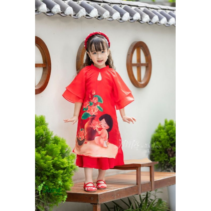 ÁO DÀI TẾT CÔ TẤM BÊN HOA SEN VOAN TƠ PHỐI LỤA MỀM BÉ GÁI HAIVANCO 10 đến 40 kg mềm mại và thoáng mát hoa văn độc đáo