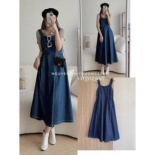 Váy yếm denim viền chỉ chun lưng style ulzzang 0403
