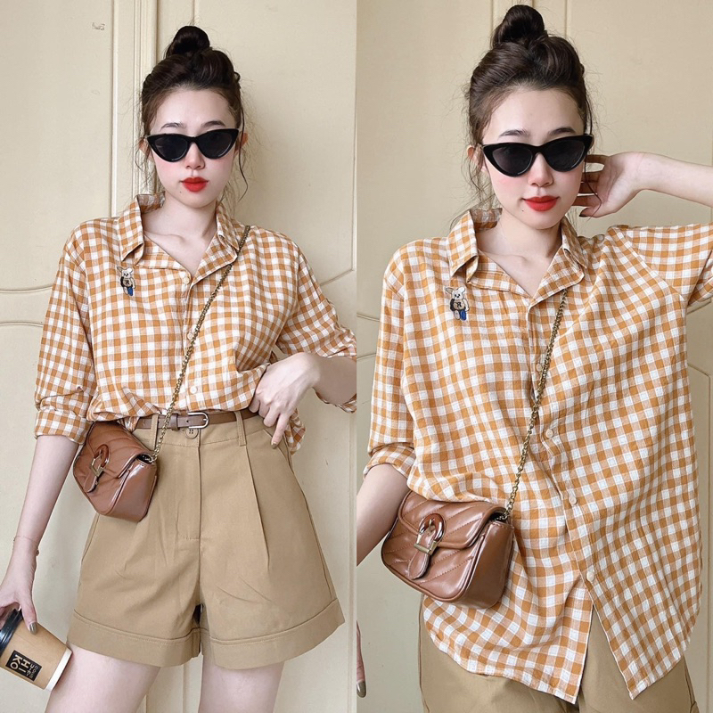 Áo Sơ Mi Nữ Kẻ Ô Hot Thêu Gấu Xinh Xắn Phong Cách Hàn Quốc