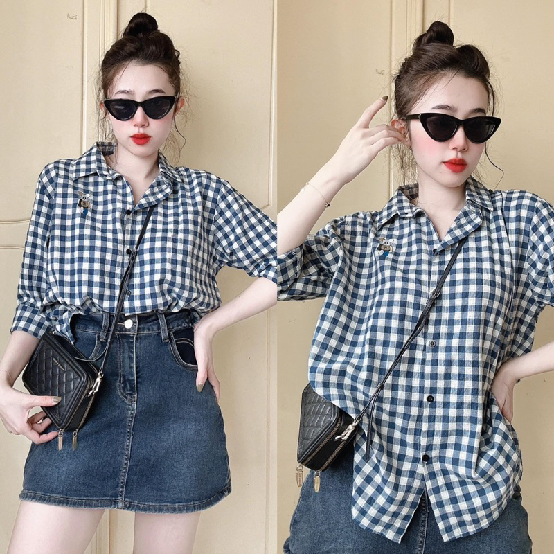 Áo Sơ Mi Nữ Kẻ Ô Hot Thêu Gấu Xinh Xắn Phong Cách Hàn Quốc