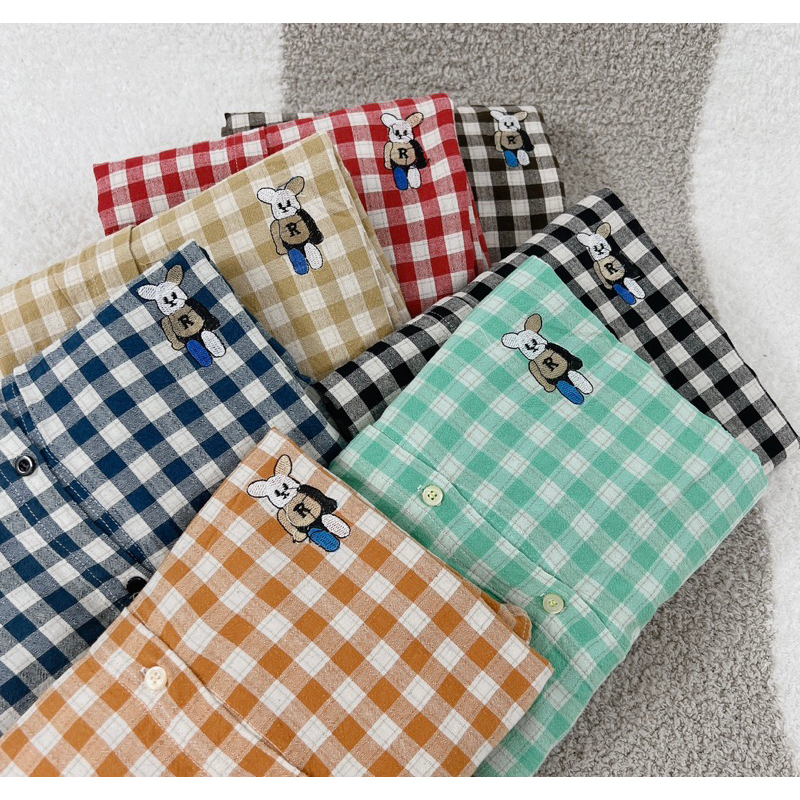 Áo Sơ Mi Nữ Kẻ Ô Hot Thêu Gấu Xinh Xắn Phong Cách Hàn Quốc