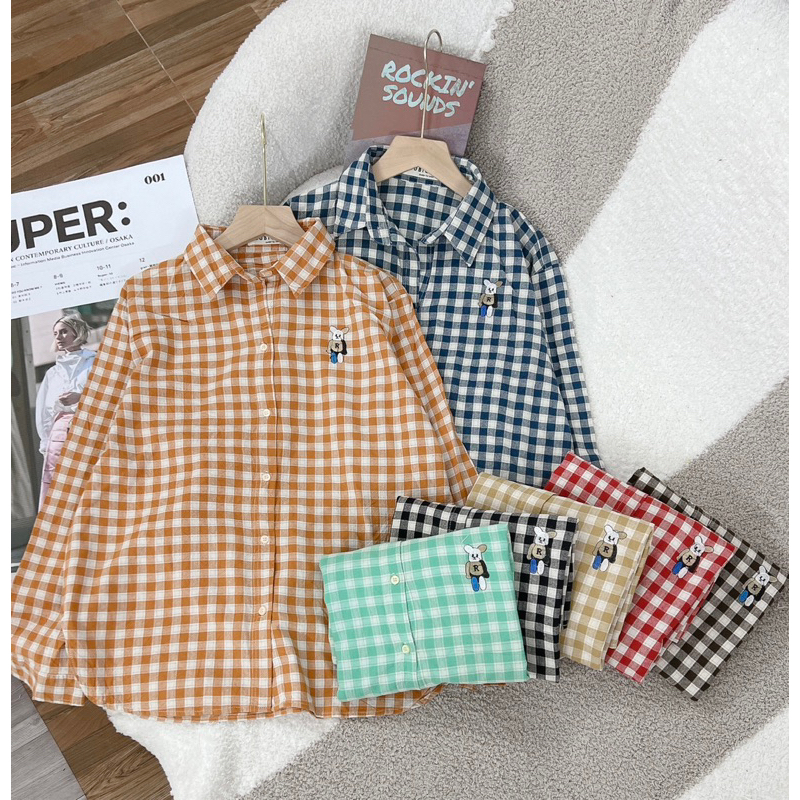 Áo Sơ Mi Nữ Kẻ Ô Hot Thêu Gấu Xinh Xắn Phong Cách Hàn Quốc