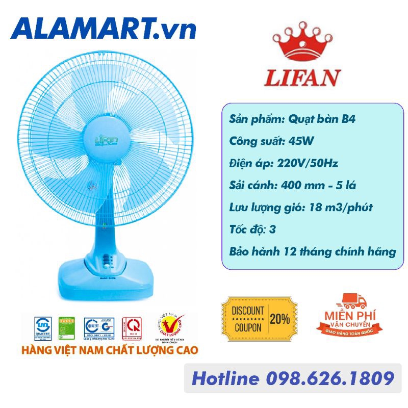 Quạt bàn Lifan B-378 sải cánh 400mm dây đồng hoạt động êm ái