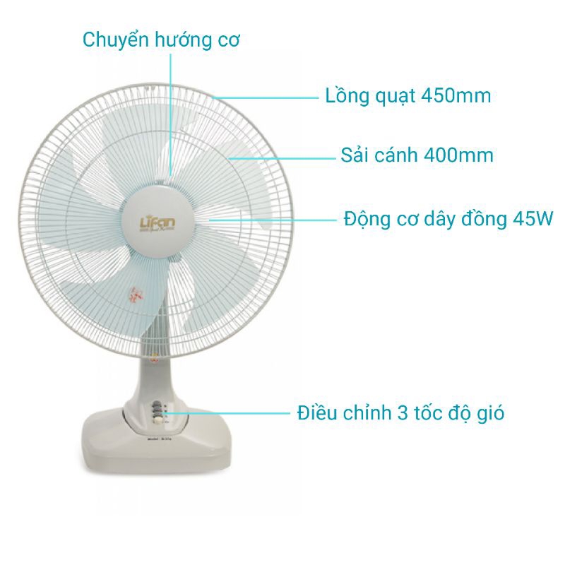Quạt bàn Lifan B-378 sải cánh 400mm dây đồng hoạt động êm ái