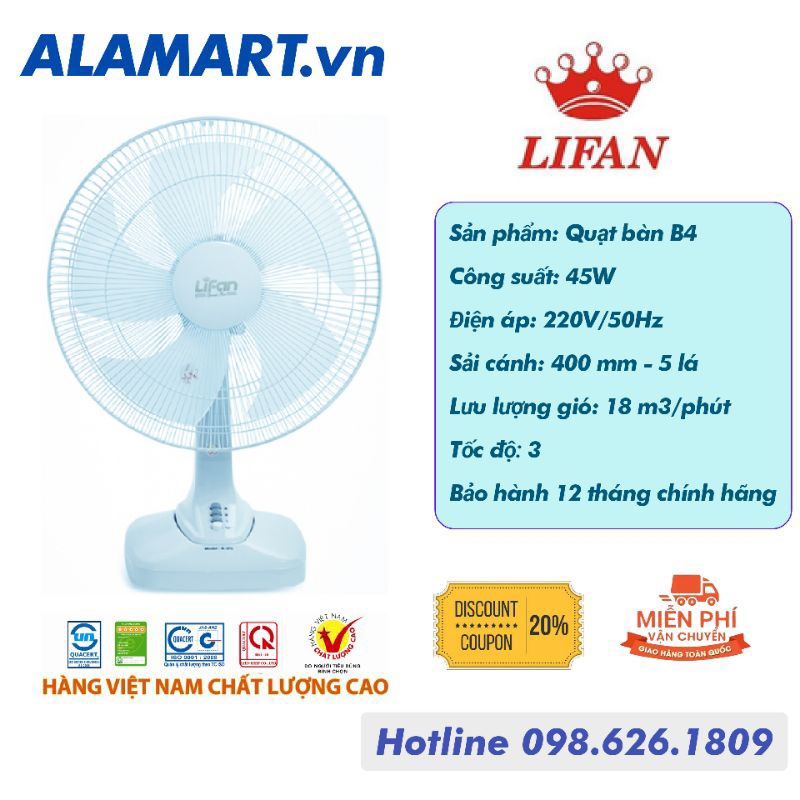 Quạt bàn Lifan B-378 sải cánh 400mm dây đồng hoạt động êm ái
