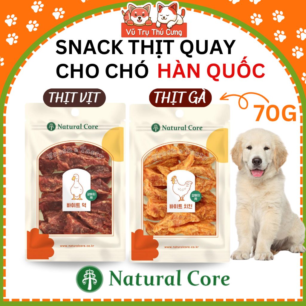 Snack Cho Chó Thịt Gà Quay, Thịt Vịt Quay Hàn Quốc Natural Core 70g