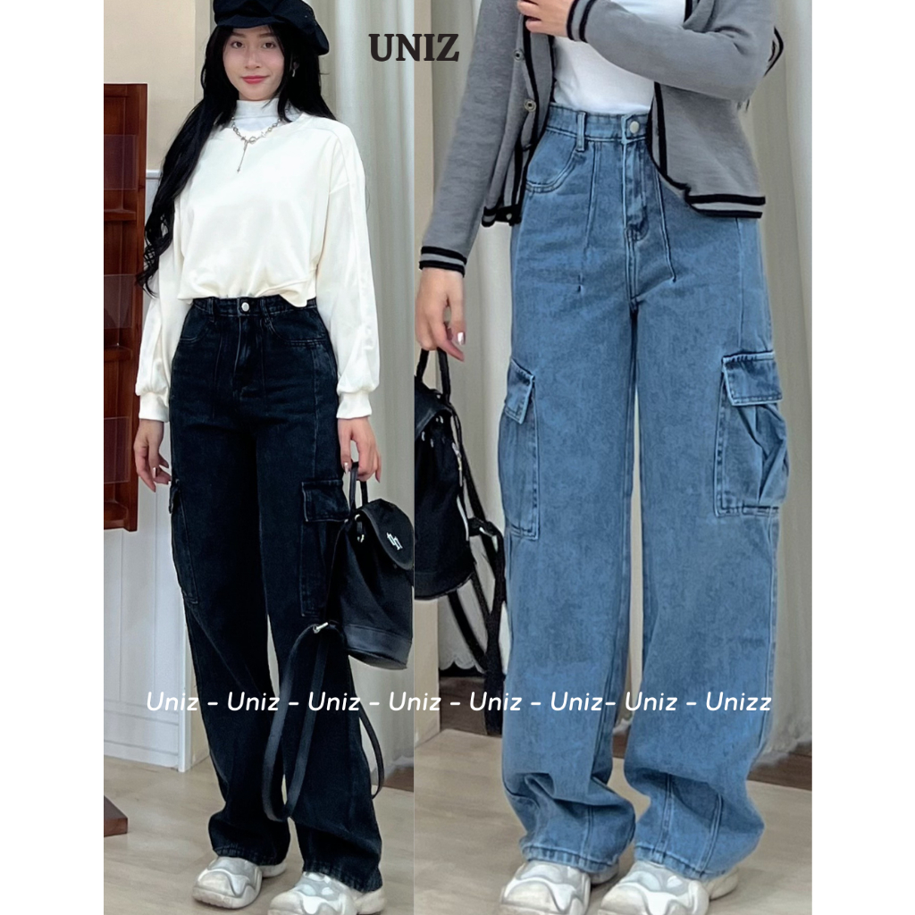 Quần jean UNIZ dáng suông túi hộp phong cách unisex nam nữ Quanjeanucargo3623/P9K3.4