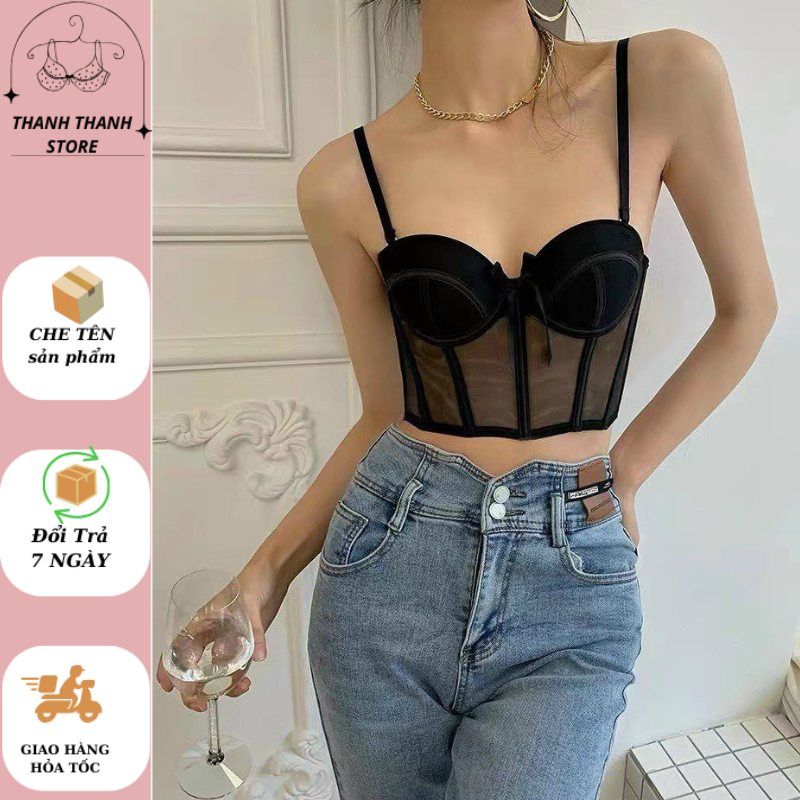 Áo Bra Dáng Corset Có Đệm Mút, Gọng Nâng Ngực Phối Ren Sexy Cao Cấp