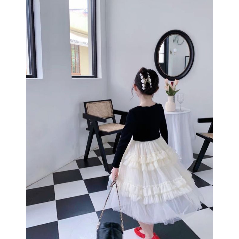 ĐẦM VÁY ĐEN CÁ TÍNH DÀI TAY VẢI MỀM NHẬP BÉ GÁI HAIVANCO từ 12 đến 43 kg mềm mại THOÁNG MÁT đi học đi chơi đều đẹp