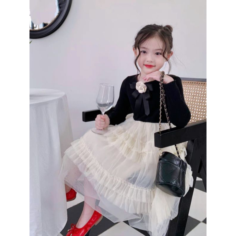 ĐẦM VÁY ĐEN CÁ TÍNH DÀI TAY VẢI MỀM NHẬP BÉ GÁI HAIVANCO từ 12 đến 43 kg mềm mại THOÁNG MÁT đi học đi chơi đều đẹp