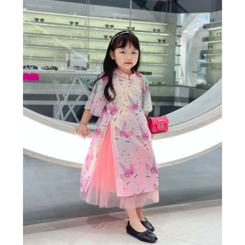 ÁO DÀI TẾT GẤU DÂU DỄ THƯƠNG NGỌT NGÀO VOAN TƠ CÁCH TÂN BÉ GÁI HAIVANCO 10 đến 40 kg mềm mại và thoáng mát hoa văn đẹp