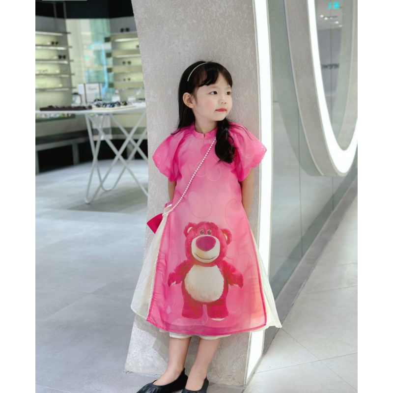 ÁO DÀI TẾT GẤU DÂU DỄ THƯƠNG NGỌT NGÀO VOAN TƠ CÁCH TÂN BÉ GÁI HAIVANCO 10 đến 40 kg mềm mại và thoáng mát hoa văn đẹp