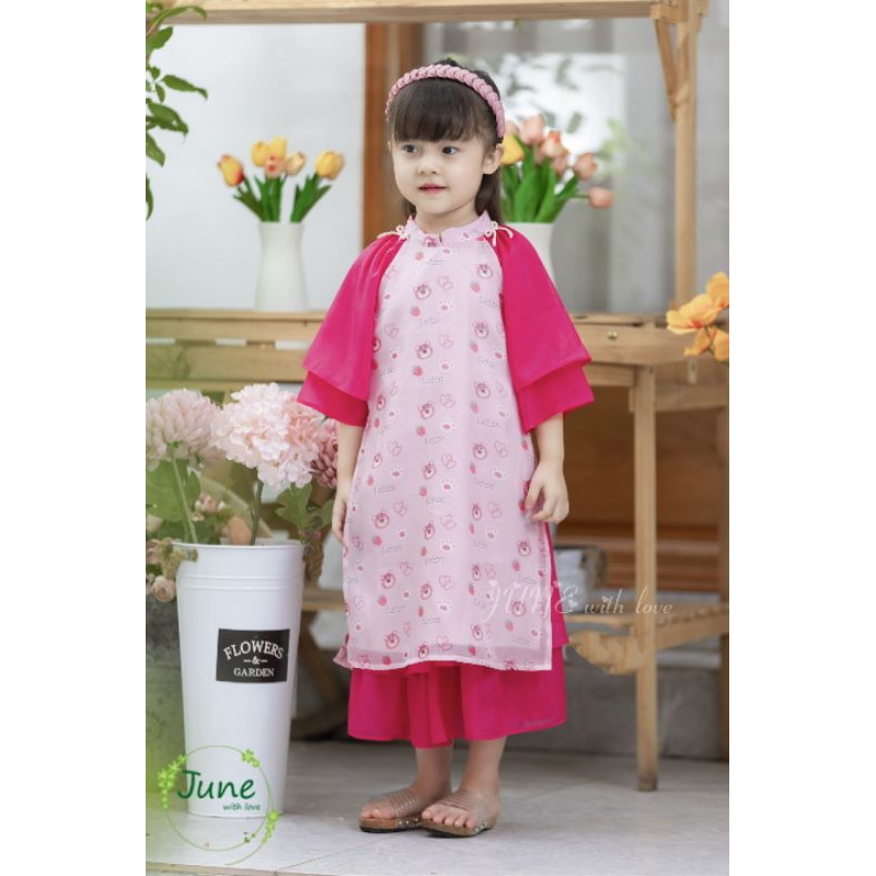 ÁO DÀI TẾT GẤU DÂU NGỌT NGÀO DẠNG ĐẦM VÁY VOAN TƠ CÁCH TÂN BÉ GÁI HAIVANCO 10 đến 40 kg mềm mại thoáng mát hoa văn đẹp