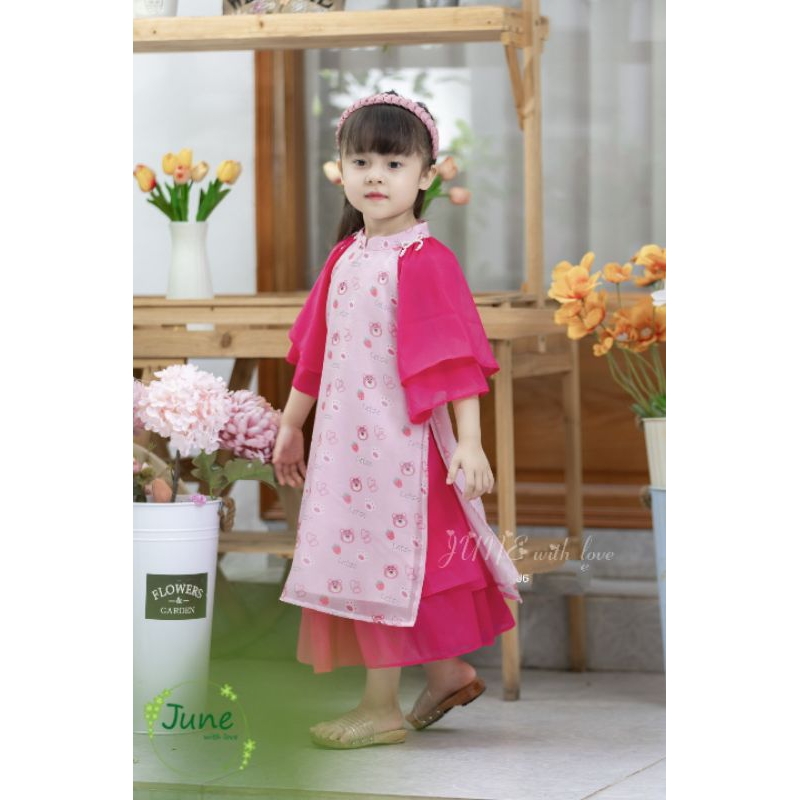 ÁO DÀI TẾT GẤU DÂU NGỌT NGÀO DẠNG ĐẦM VÁY VOAN TƠ CÁCH TÂN BÉ GÁI HAIVANCO 10 đến 40 kg mềm mại thoáng mát hoa văn đẹp