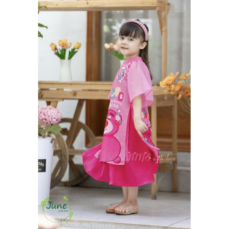 ÁO DÀI TẾT GẤU DÂU NGỌT NGÀO DẠNG ĐẦM VÁY VOAN TƠ CÁCH TÂN BÉ GÁI HAIVANCO 10 đến 40 kg mềm mại thoáng mát hoa văn đẹp