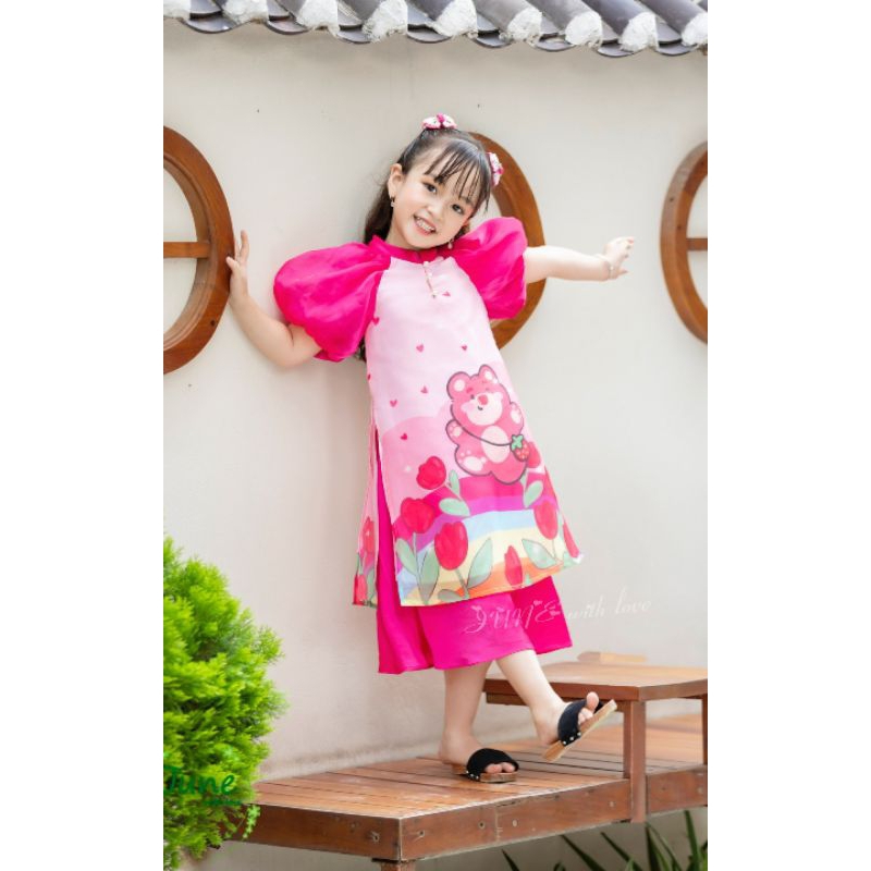 ÁO DÀI TẾT GẤU DÂU NGỌT NGÀO DẠNG ĐẦM VÁY VOAN TƠ CÁCH TÂN BÉ GÁI HAIVANCO 10 đến 40 kg mềm mại thoáng mát hoa văn đẹp