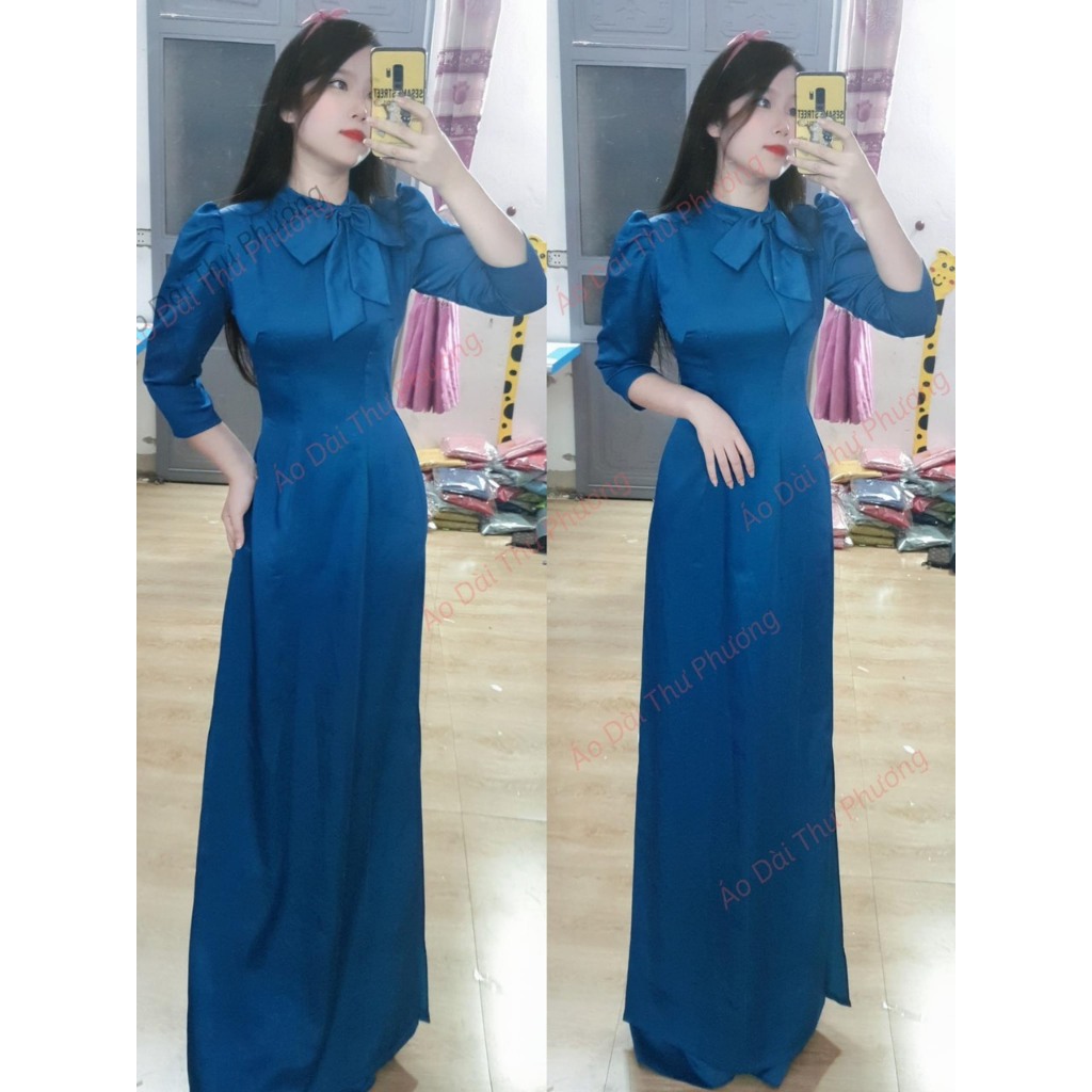 Áo Dài TT17012 Chất Lụa Tây Thi Cổ Nơ Tay Bồng, Mẫu Áo Dài Đi Dạy, Công Sở
