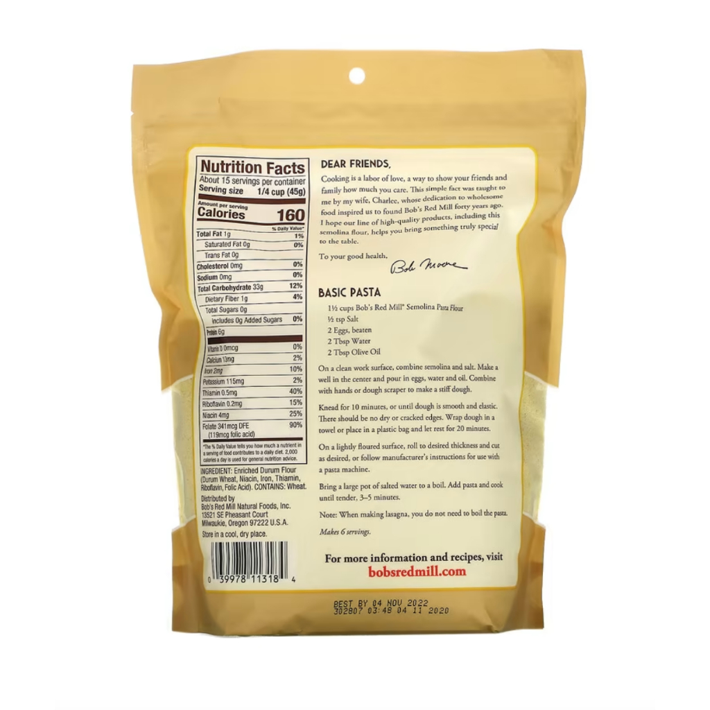 BỘT PASTA - LASAGNA - BÁNH PUDDING Bob's Red Mill, Semolina Flour, Non GMO, ĂN KIÊNG Kosher, 680g