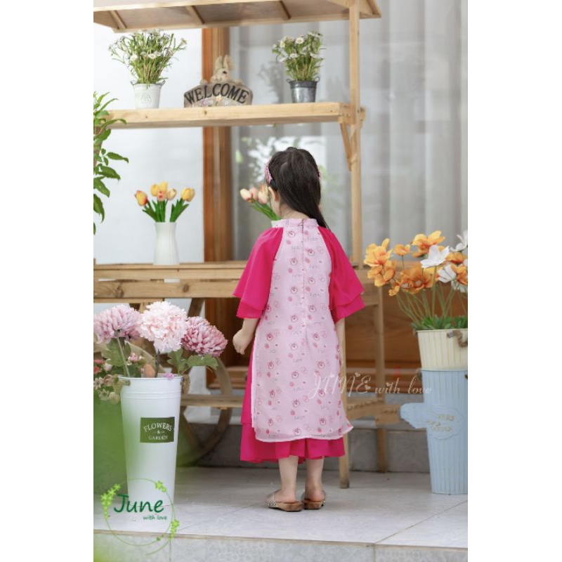 ÁO DÀI TẾT GẤU DÂU NGỌT NGÀO DẠNG ĐẦM VÁY VOAN TƠ CÁCH TÂN BÉ GÁI HAIVANCO 10 đến 40 kg mềm mại thoáng mát hoa văn đẹp