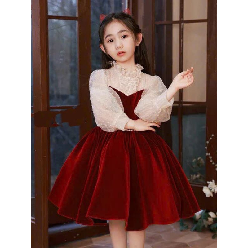 Đầm váy nhung noel đỏ cao cấp haivanco cho bé gái từ 10 đến 40 kg mềm mại và thoáng mát đi tiệc đi chơi đều đẹp
