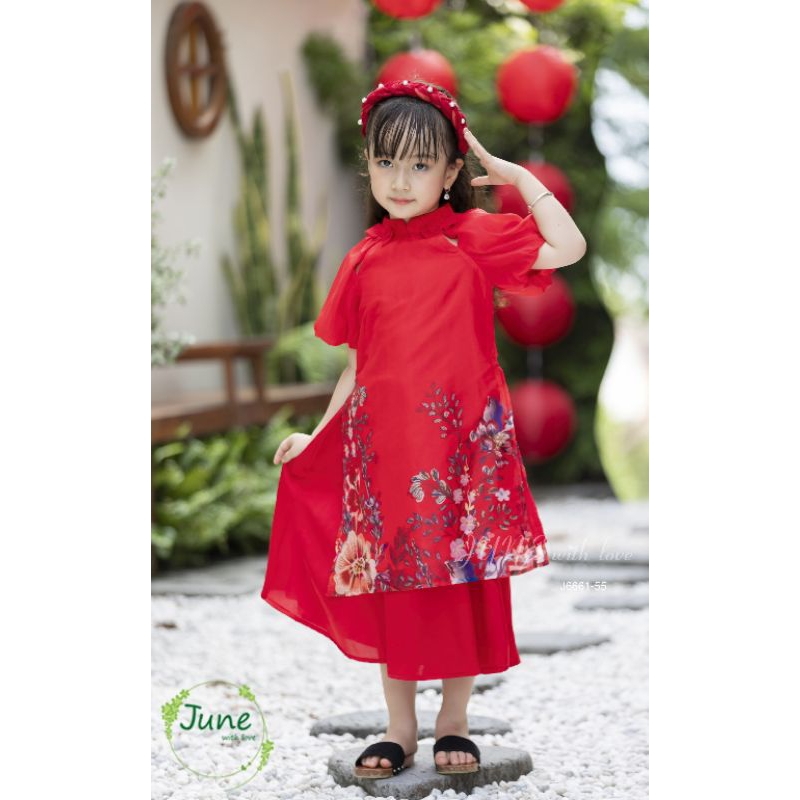 ÁO DÀI TẾT SUM VẦY HẠNH PHÚC DẠNG ĐẦM VÁY VOAN TƠ CÁCH TÂN BÉ GÁI HAIVANCO 10 đến 40 kg mềm mại thoáng mát hoa văn đẹp