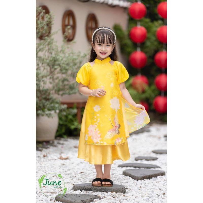 ÁO DÀI TẾT SUM VẦY HẠNH PHÚC DẠNG ĐẦM VÁY VOAN TƠ CÁCH TÂN BÉ GÁI HAIVANCO 10 đến 40 kg mềm mại thoáng mát hoa văn đẹp