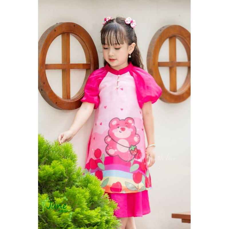 ÁO DÀI TẾT GẤU DÂU NGỌT NGÀO DẠNG ĐẦM VÁY VOAN TƠ CÁCH TÂN BÉ GÁI HAIVANCO 10 đến 40 kg mềm mại thoáng mát hoa văn đẹp