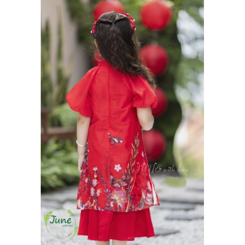 ÁO DÀI TẾT SUM VẦY HẠNH PHÚC DẠNG ĐẦM VÁY VOAN TƠ CÁCH TÂN BÉ GÁI HAIVANCO 10 đến 40 kg mềm mại thoáng mát hoa văn đẹp