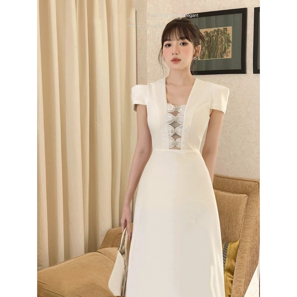 Luna Dress - Đầm trắng cổ vuông, đính đá, đầm dài vải taftaa