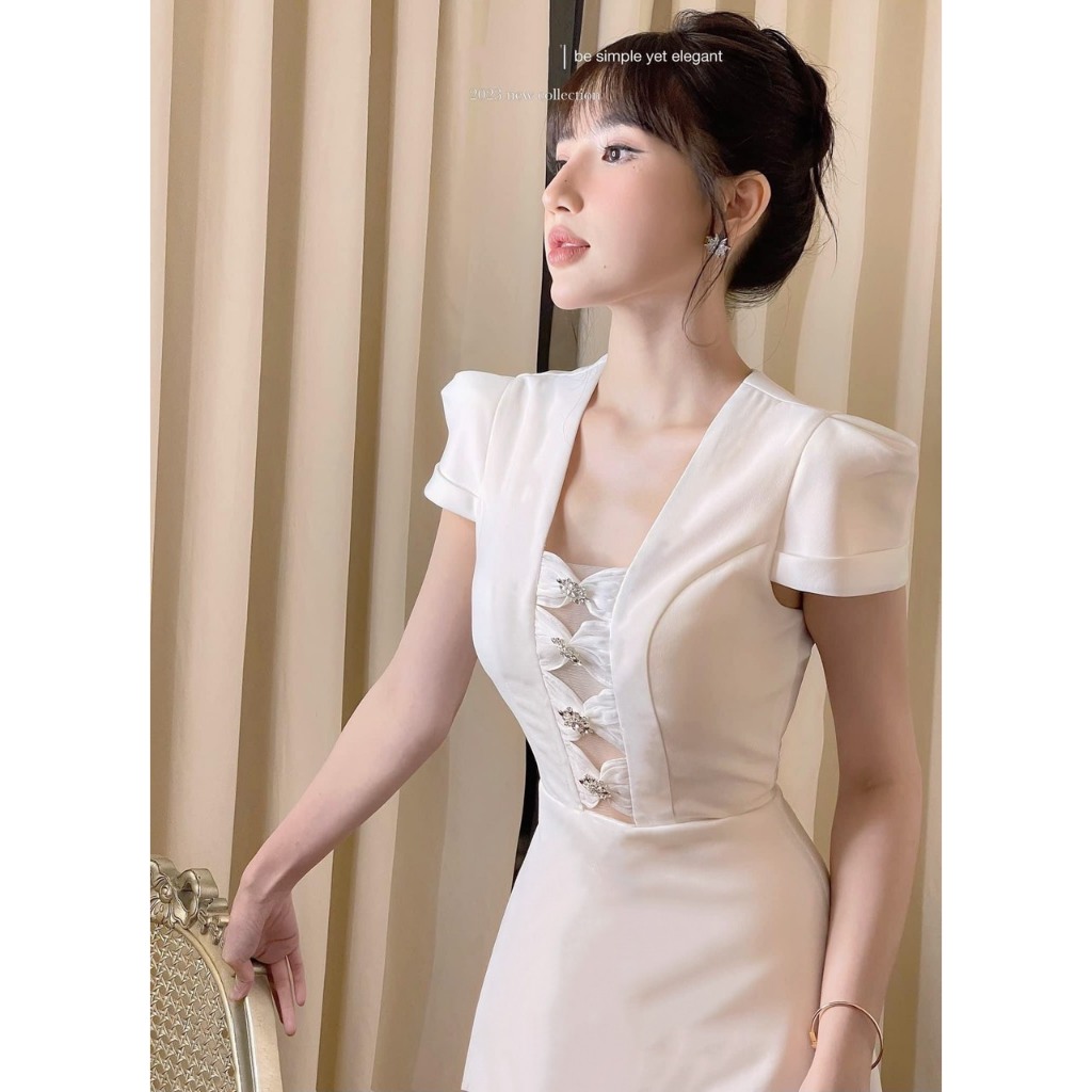 Luna Dress - Đầm trắng cổ vuông, đính đá, đầm dài vải taftaa
