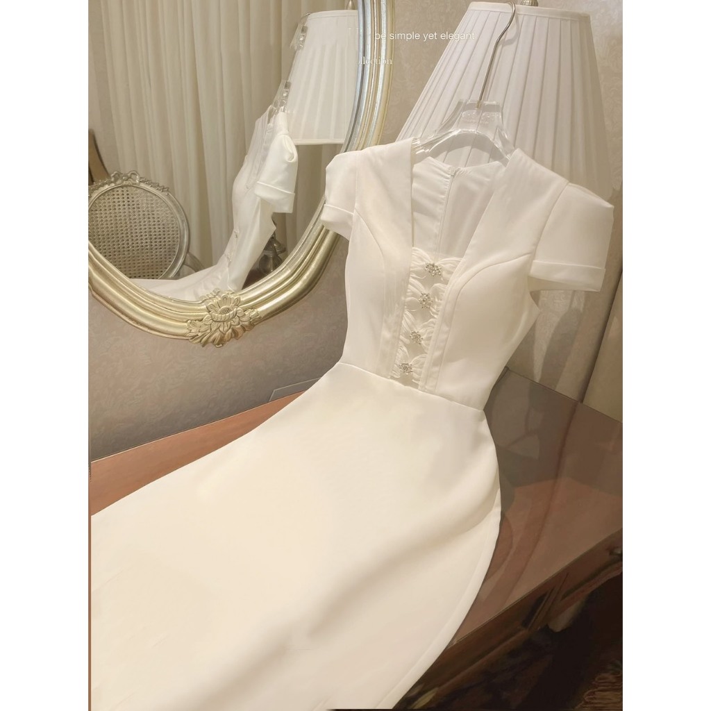 Luna Dress - Đầm trắng cổ vuông, đính đá, đầm dài vải taftaa
