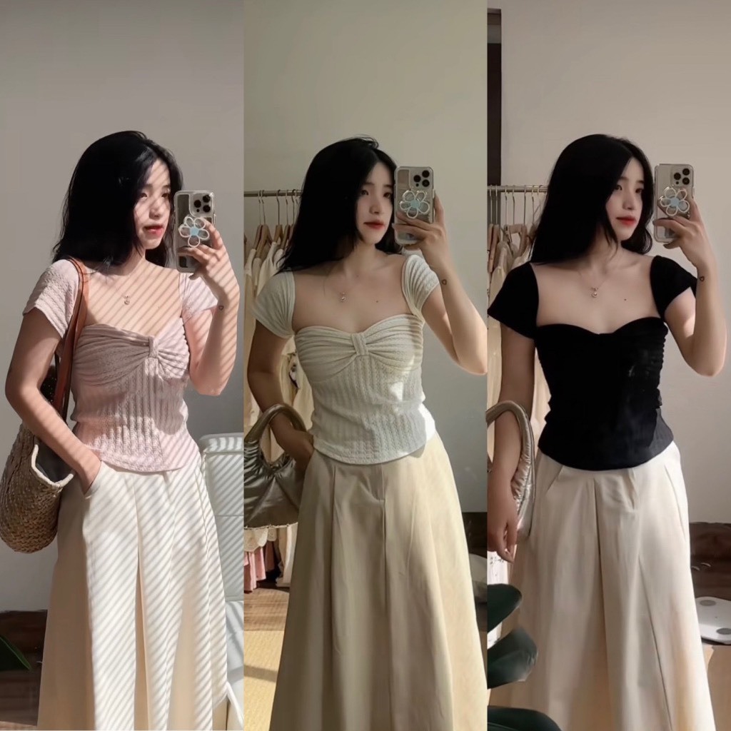 Áo len xốp croptop nơ ngực cổ vuông dáng ôm mặc 2 kiểu Ulzzang