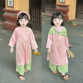Áo Dài Cách Tân Cho Bé Gái (8-25kg) Đính Hoa Thủ Công TẶNG Kèm Khăn Chất Liệu Lụa Ngọc Trai Cao Cấp - CHICKBONG BABY