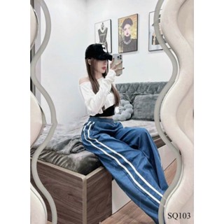 3 SIZE 45-60KG TÙY CHIỀU CAO] MÃ 121 QUẦN JEAN GIẤY PHỐI KẺ SỌC LƯNG THUN, QUẦN DÀI 100CM ỐN RỘNG 32CM HOT TREND NỮ