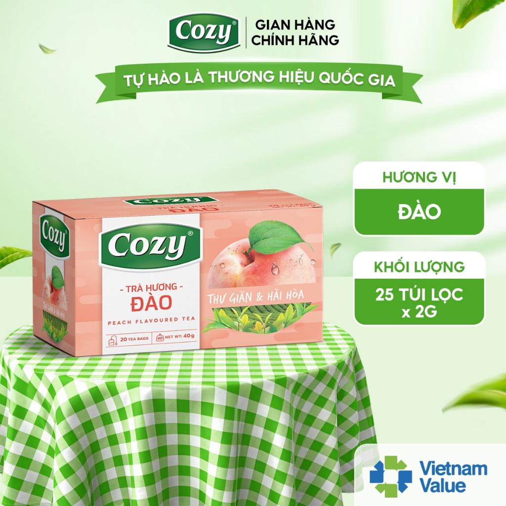 Trà Hương Đào Túi Lọc Cozy Thanh Nhiệt Tươi Mát Thơm Rõ Hương Đào Tự Nhiên (25 túi lọc x 2gr)