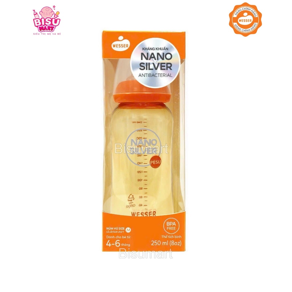 Bình sữa cổ hẹp cho bé, bình sữa Nano Silver PESU Wesser 60ml - 140ml - 250ml