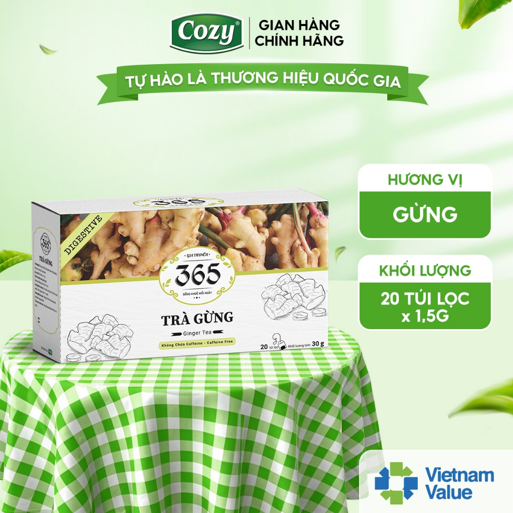 Trà Gừng Túi Lọc Cozy Trà Thảo Mộc 365 Thơm Vị Gừng Tươi Giúp Làm Ấm Cơ Thể, Hỗ Trợ Hệ Tiêu Hóa (20 gói x 1.5g)