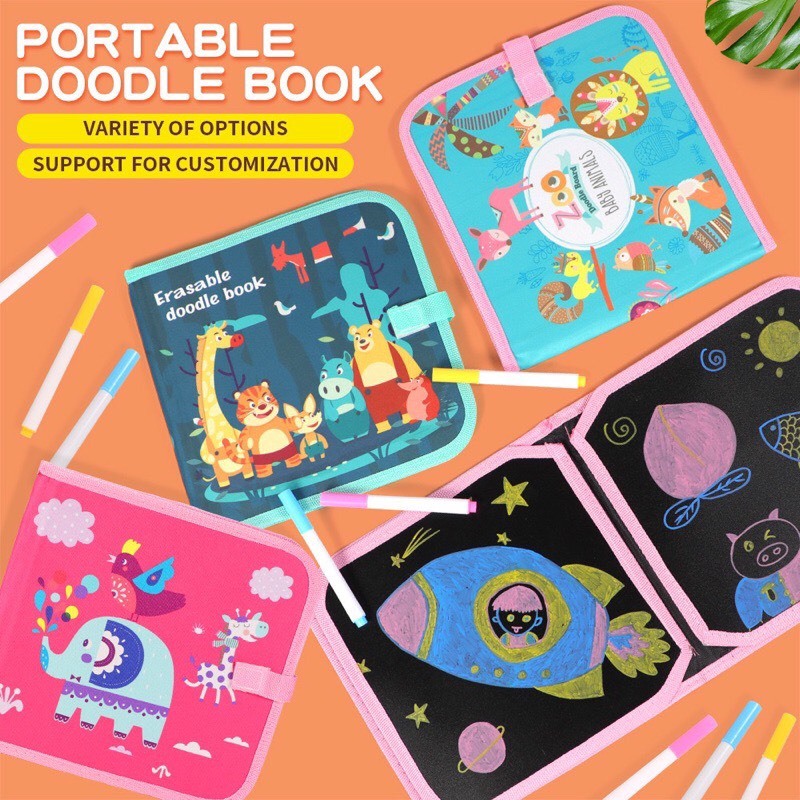Sổ vẽ tự xoá graffiti, Sổ vẽ tự xoá phát sáng cho bé Combo kèm 12 bút và bông lau - Thepooh