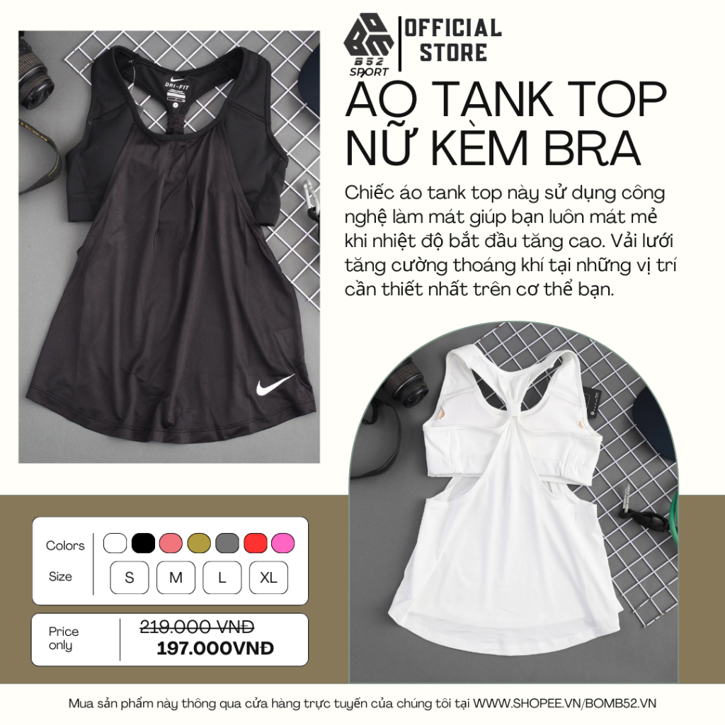 Áo Tank Top Nữ Tập Gym/Yoga/Chạy Bộ NK Áo Kèm Bra Tiện Lợi Kiểu Dáng Thể Thao