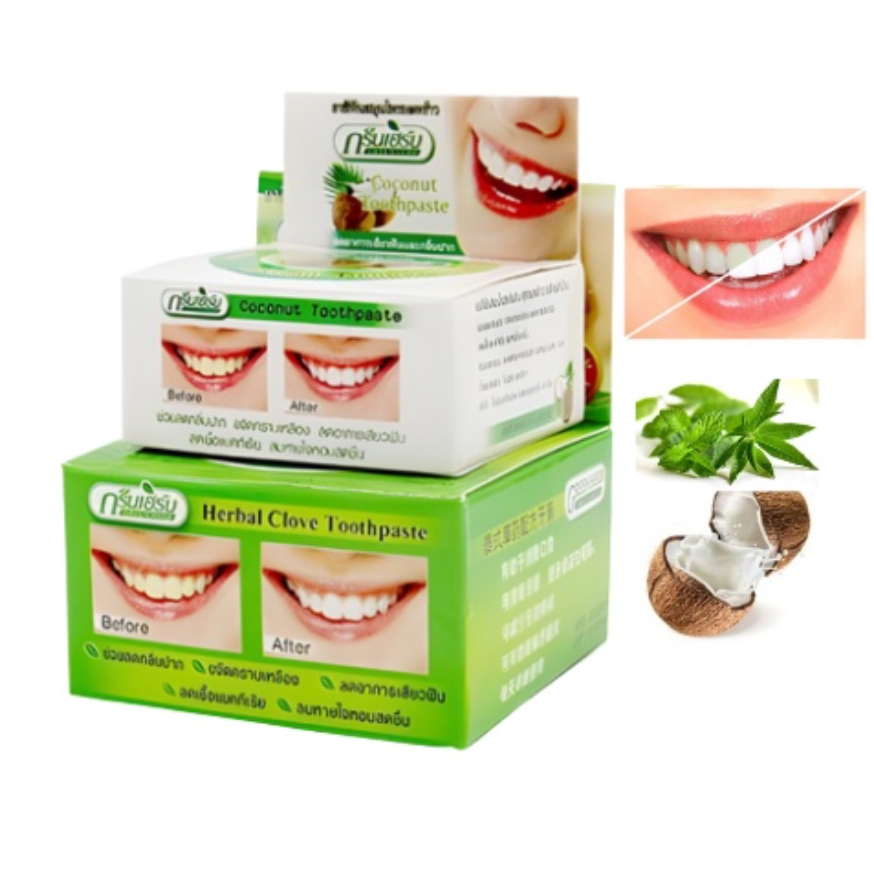 Bột Trắng Răng Dừa Green Herb Thái Lan, Giảm Mảng Bám, Sâu Răng, Hôi Miệng 25gr+10gr