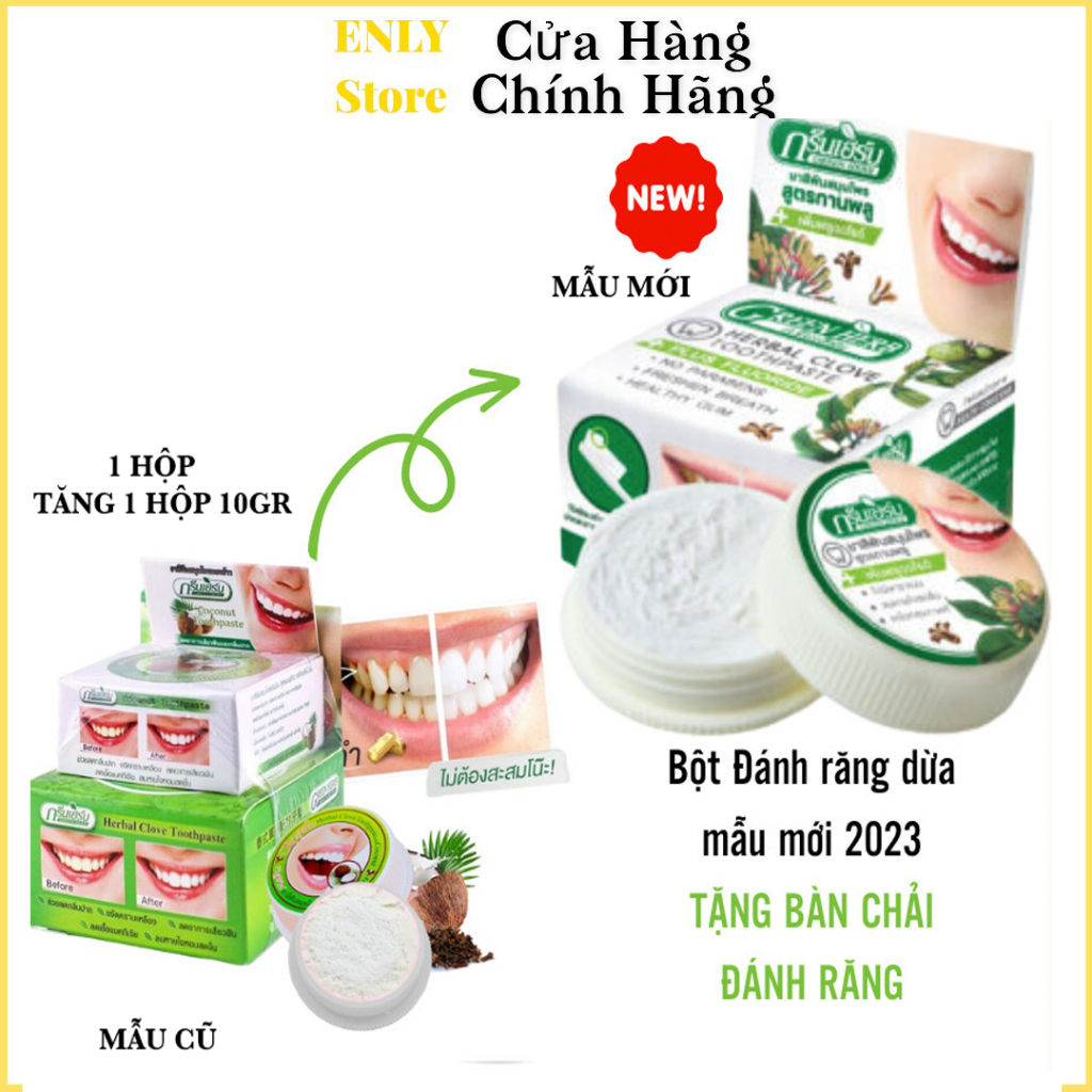 Bột Trắng Răng Dừa Green Herb Thái Lan, Giảm Mảng Bám, Sâu Răng, Hôi Miệng 25gr+10gr