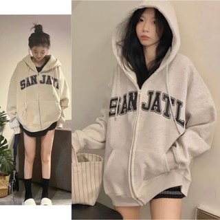 Hoodie Zip - Áo Khoác Nỉ Bông Form Rộng Unisex In Chữ SANJATI Nam Nữ Mặc Được
