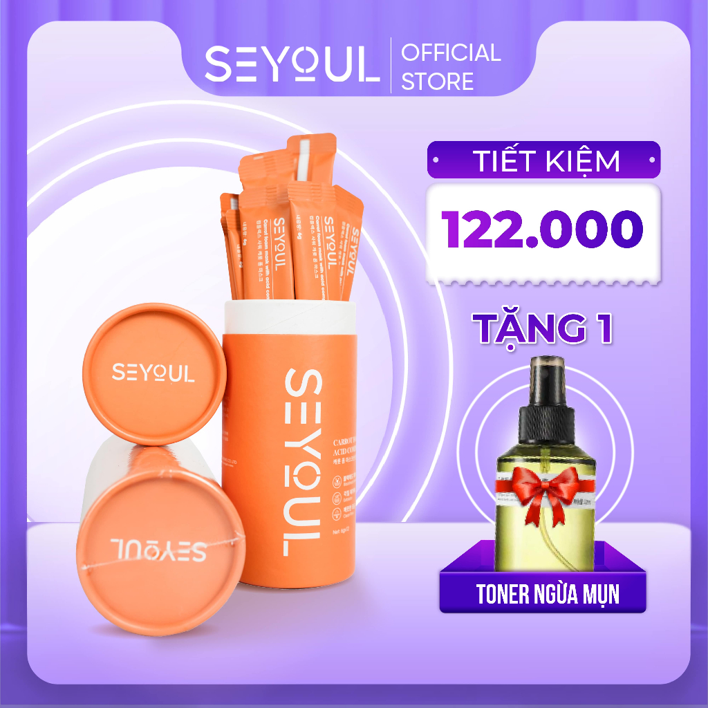 Combo 2 Hộp Mặt Nạ Cà Rốt Sủi Bọt SEYOUL giảm mụn đầu đen - Tặng kèm 1 Toner ngừa mụn